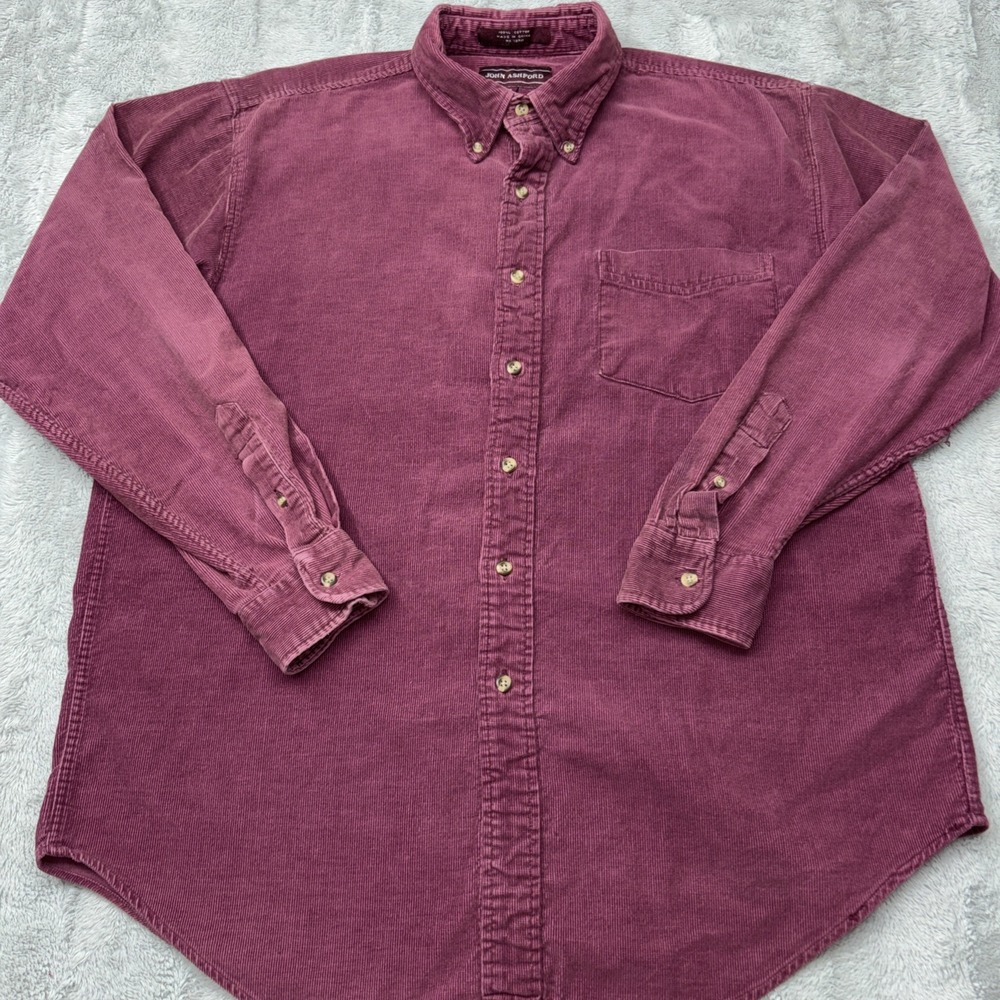 Vintage John Ashford Men's Corduroy Button Down Shirt Maroon XL‎